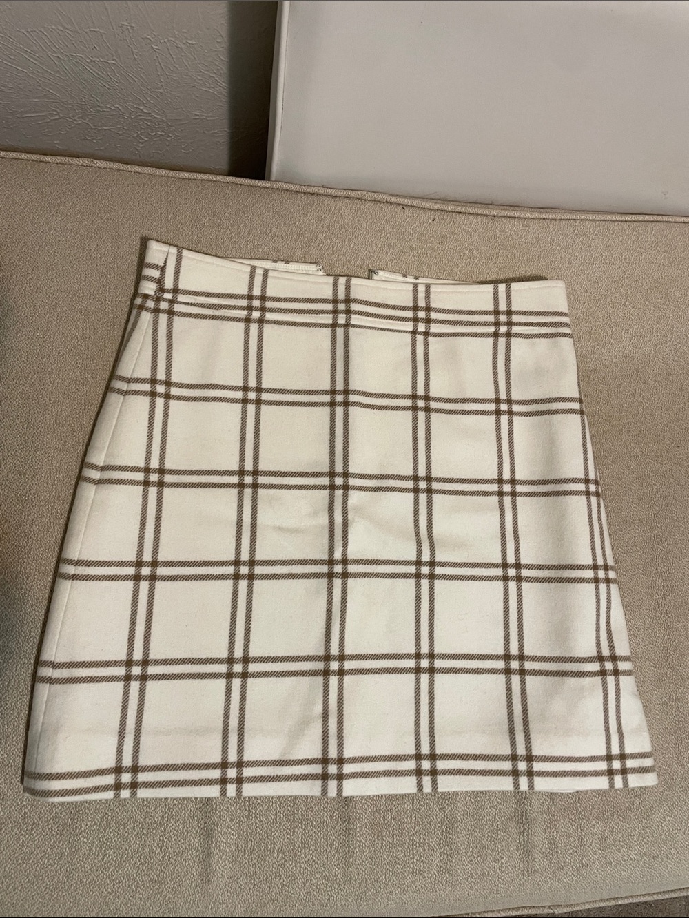 J. Crew Cream Mini Skirt with Tan Plaid. Size 8.